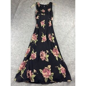 VTG Y2K 90s Black Floral Sleeveless Whimsigoth Cocktail Slip Dress Maxi Long S